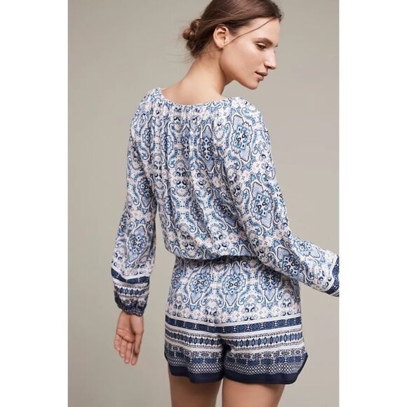 ANTHROPOLOGIE Elevenses Basia Blue Printed Long Sleeve Romper Size Small - Picture 2 of 10